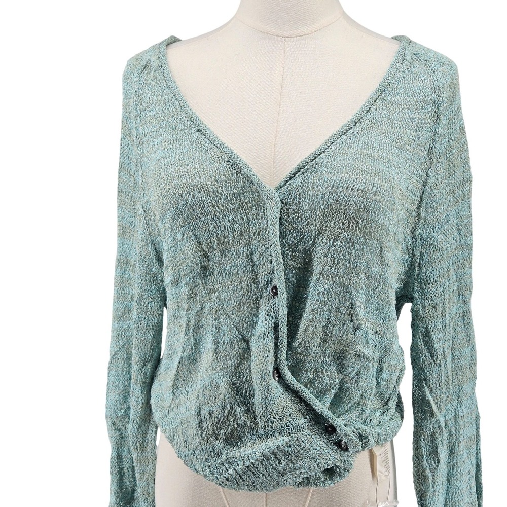 Free People Sweater Cardigan Womens M/L Green V-Neck Open-Knit Lightweight